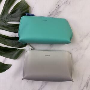 La Mer Cosmetic Makeup Bag Lot of 2 Teal Blue Gray Saffiano Faux Leather Travel